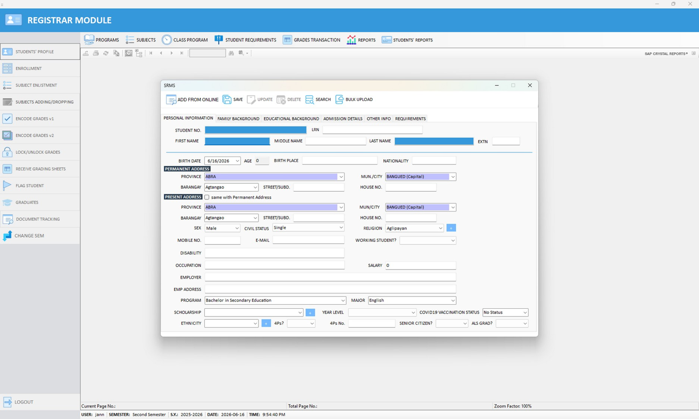 Figure 3.6. Registrar Module — Students' Profile form. Click "Add from Online."