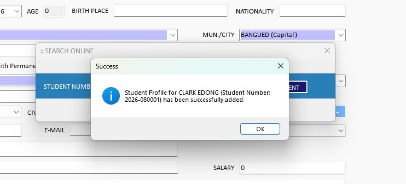 Figure 3.8. Success prompt confirming the student profile was added.