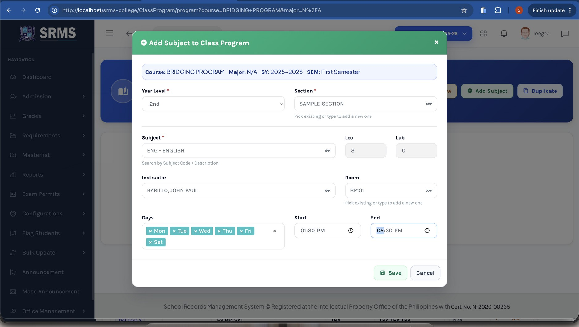 Figure 2.10. The completed Add Subject form — click Save to finish.