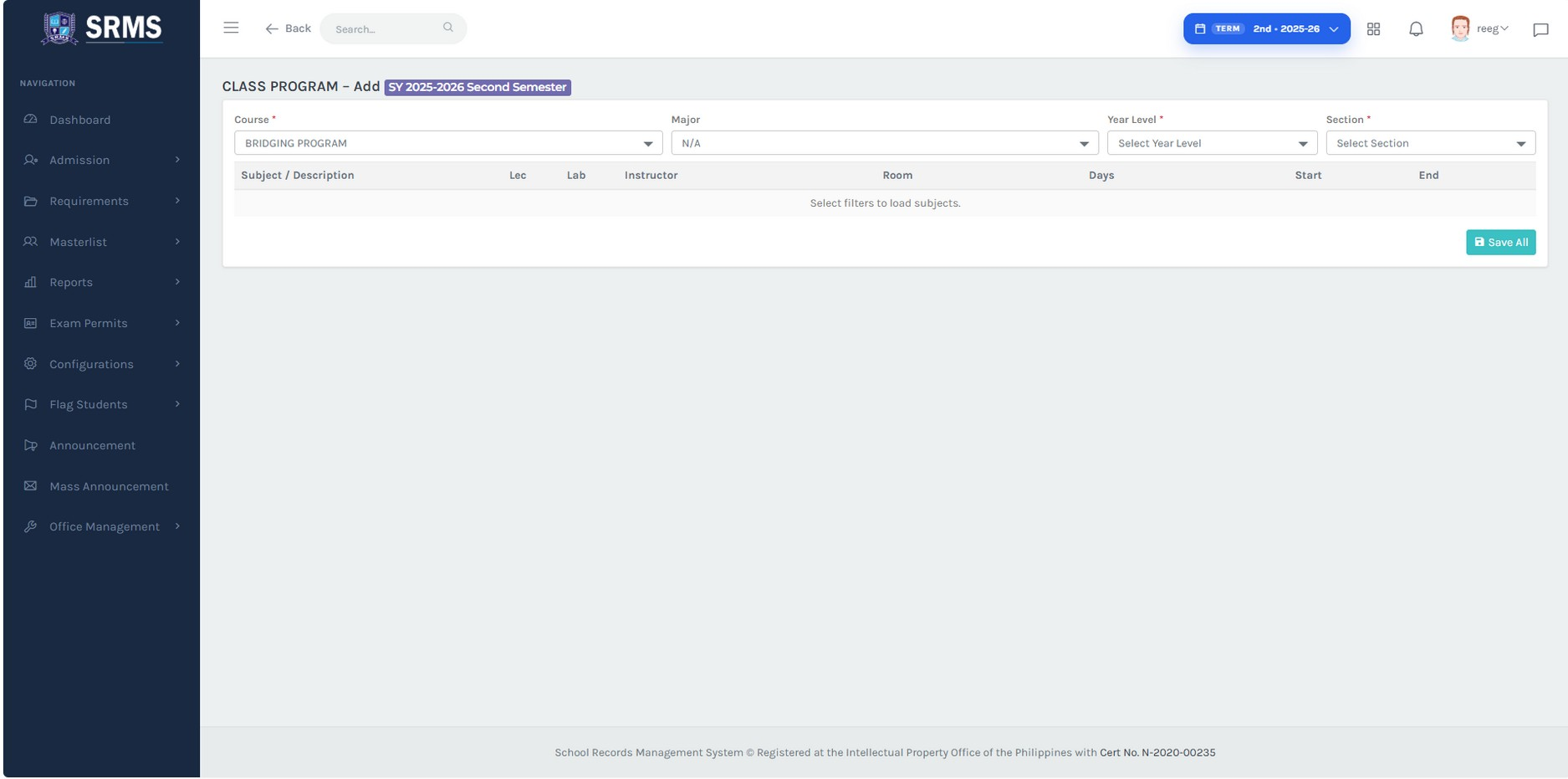 Figure 2.11. Class Program – Add (Mass Encoding) — set the filters, fill the schedule details for each subject, then click "Save All."