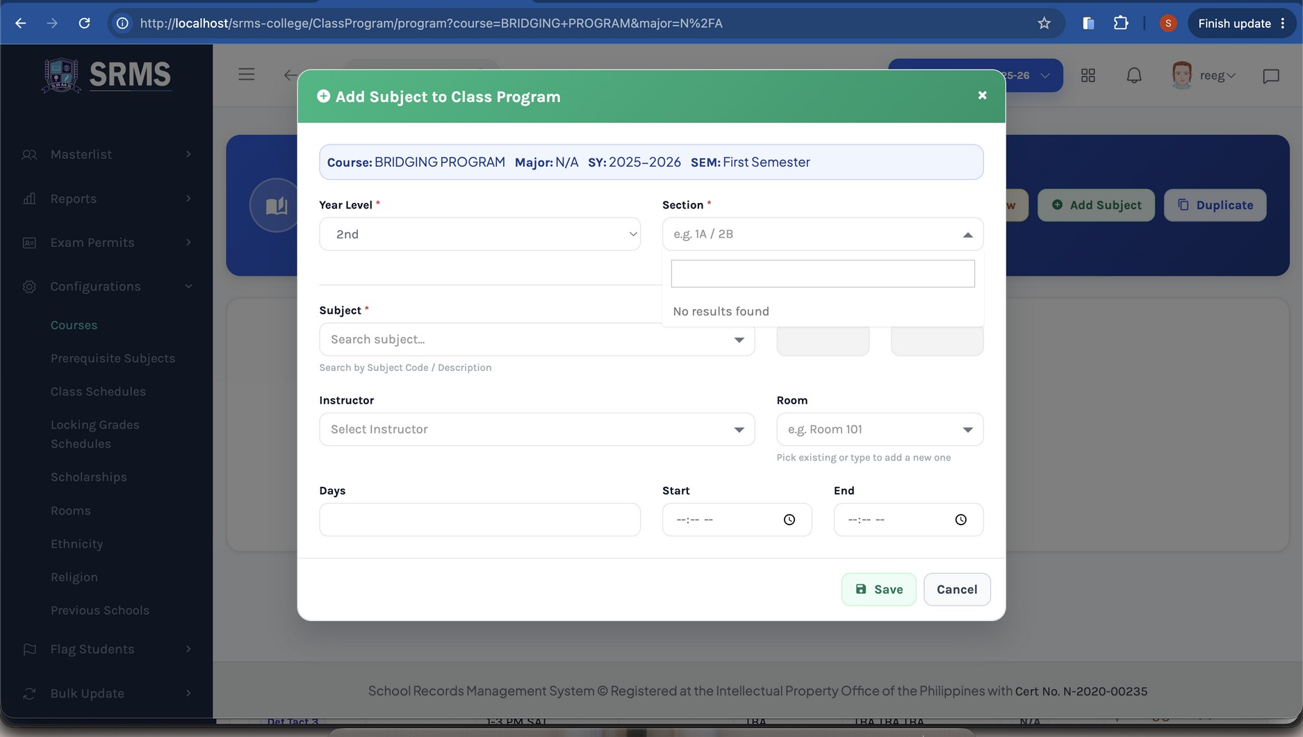 Figure 2.5. Section dropdown showing "No results found" — a section must be created first.