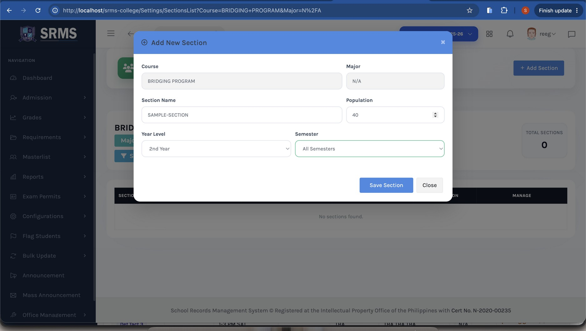 Figure 2.8. Add New Section — enter the section name, population limit, year level, and semester, then save.