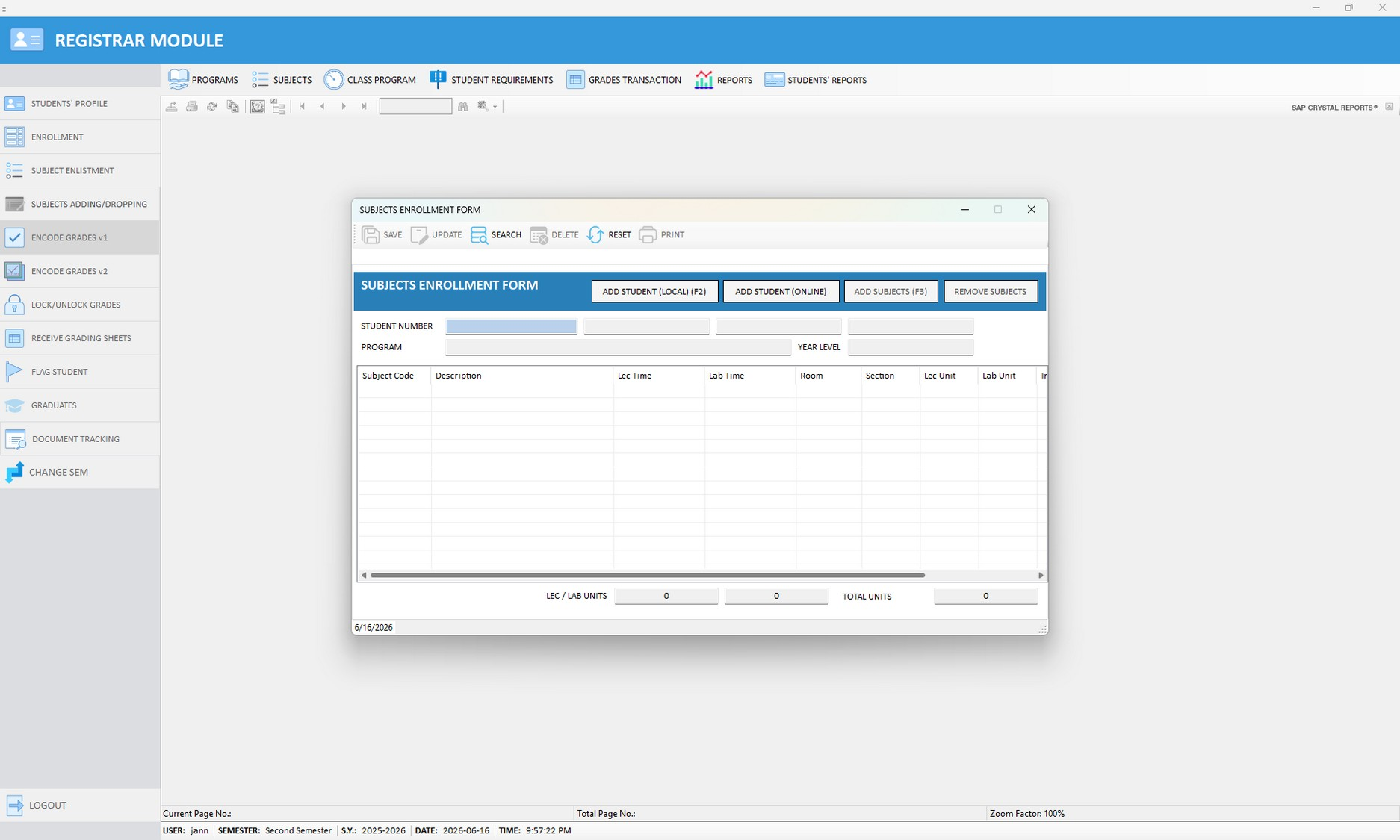 Figure 4.10. Subjects Enrollment Form — click "Add Student (Online)."