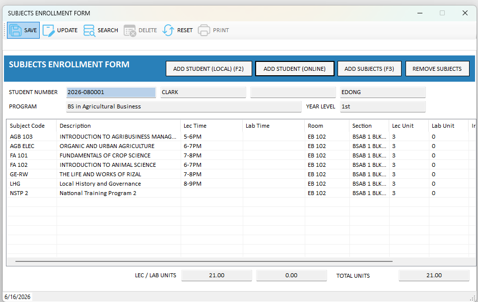 Figure 4.13. The student's subjects loaded into the form.