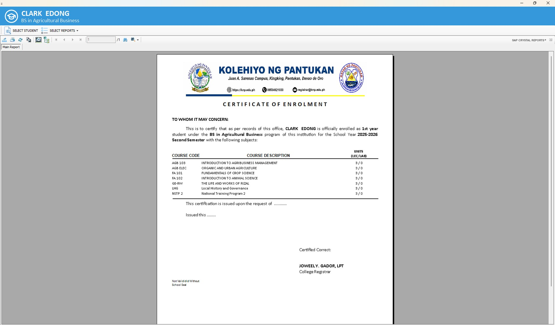 Figure 4.15. The official Certificate of Enrollment.