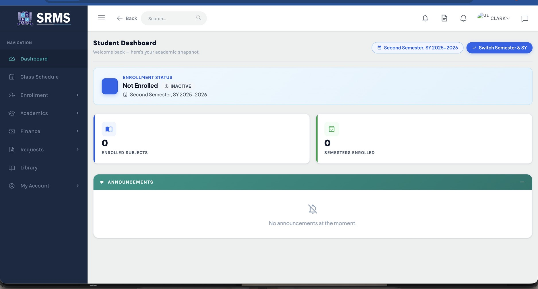 Figure 4.2. Student Dashboard — use "Switch Semester & SY" to set the current term.