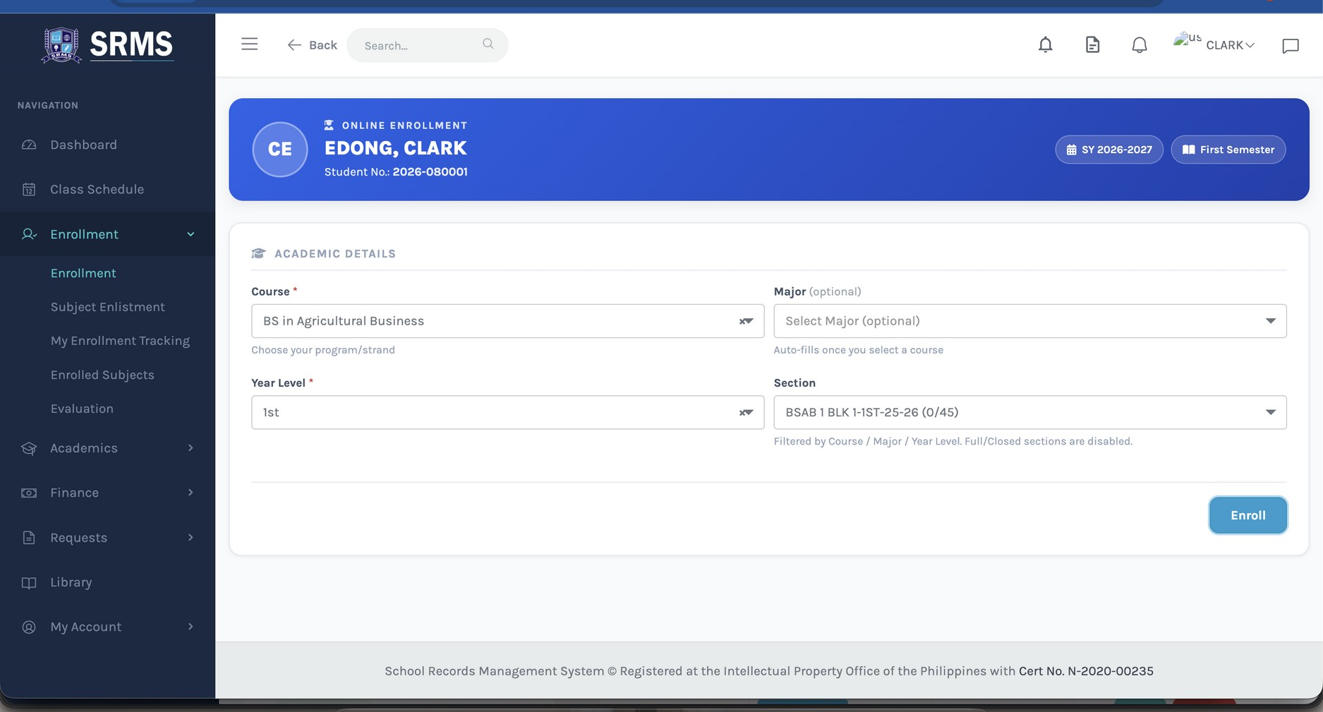 Figure 4.3. Online enrollment — selecting year level and section for the current term.