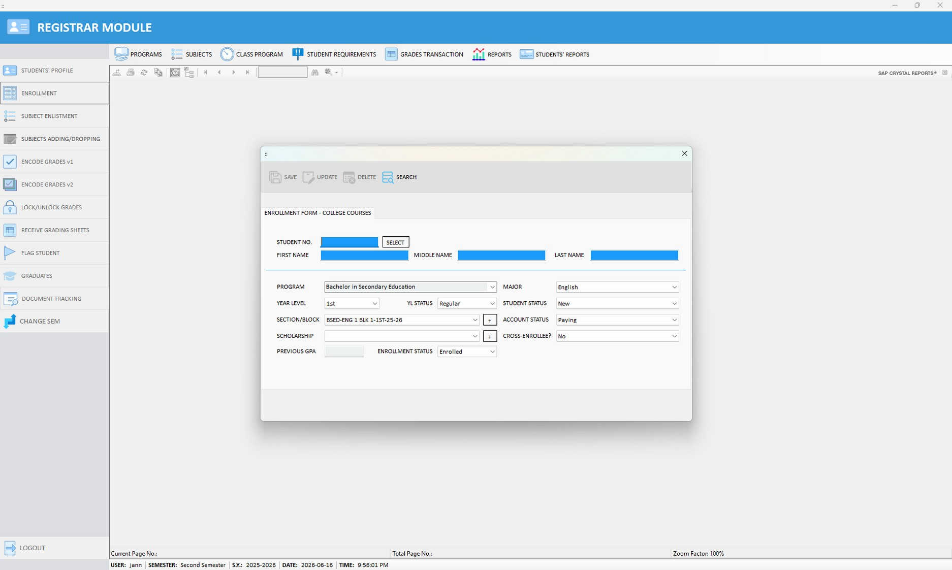 Figure 4.5. Enrollment Form — click "Select" to find the student.
